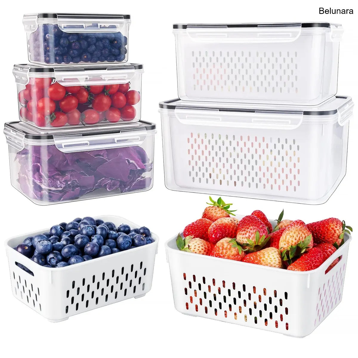 5-Pack Stackable Fridge Organizers with Colander, BPA-Free Food Storage