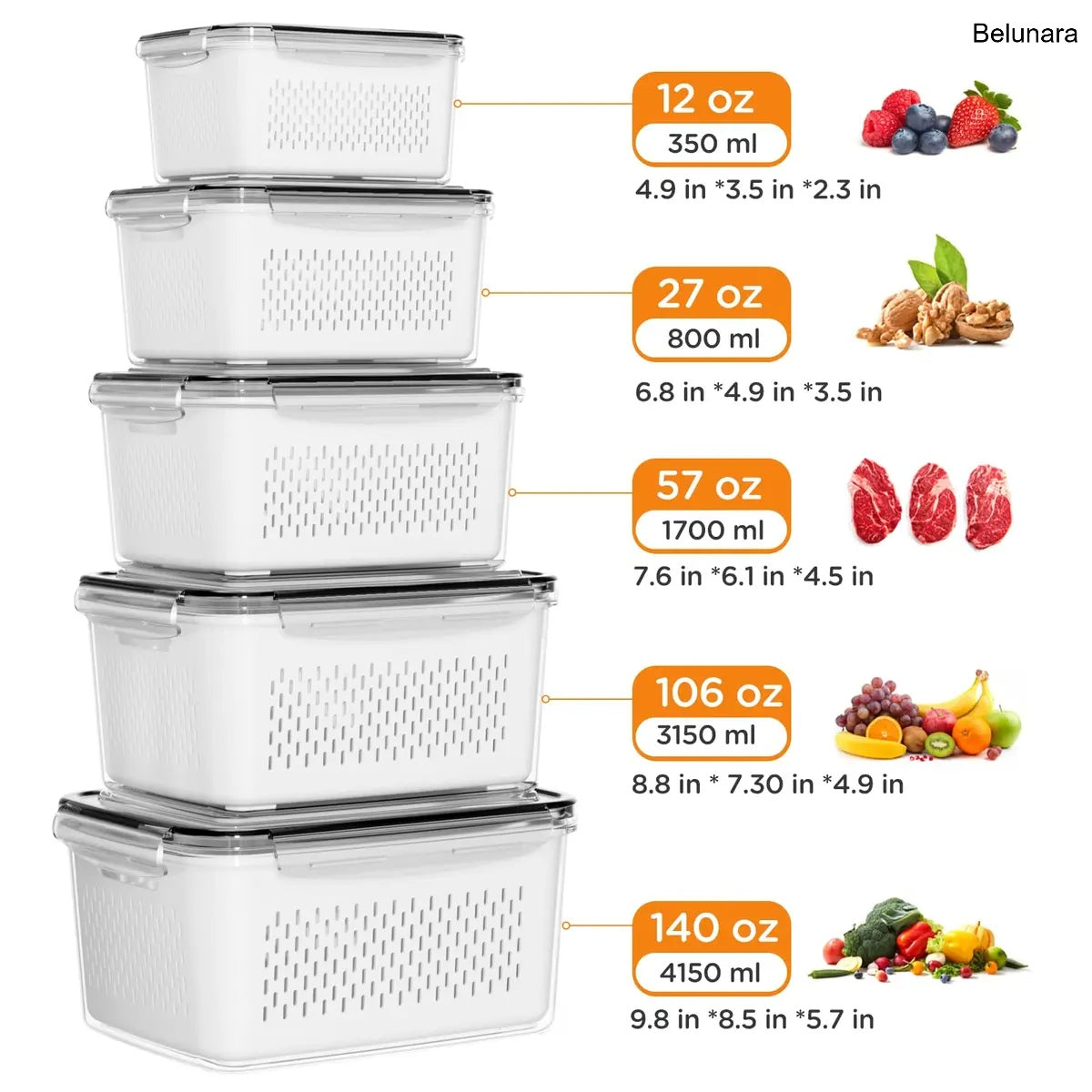 5-Pack Stackable Fridge Organizers with Colander, BPA-Free Food Storage