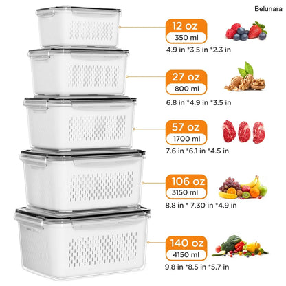 5-Pack Stackable Fridge Organizers with Colander, BPA-Free Food Storage