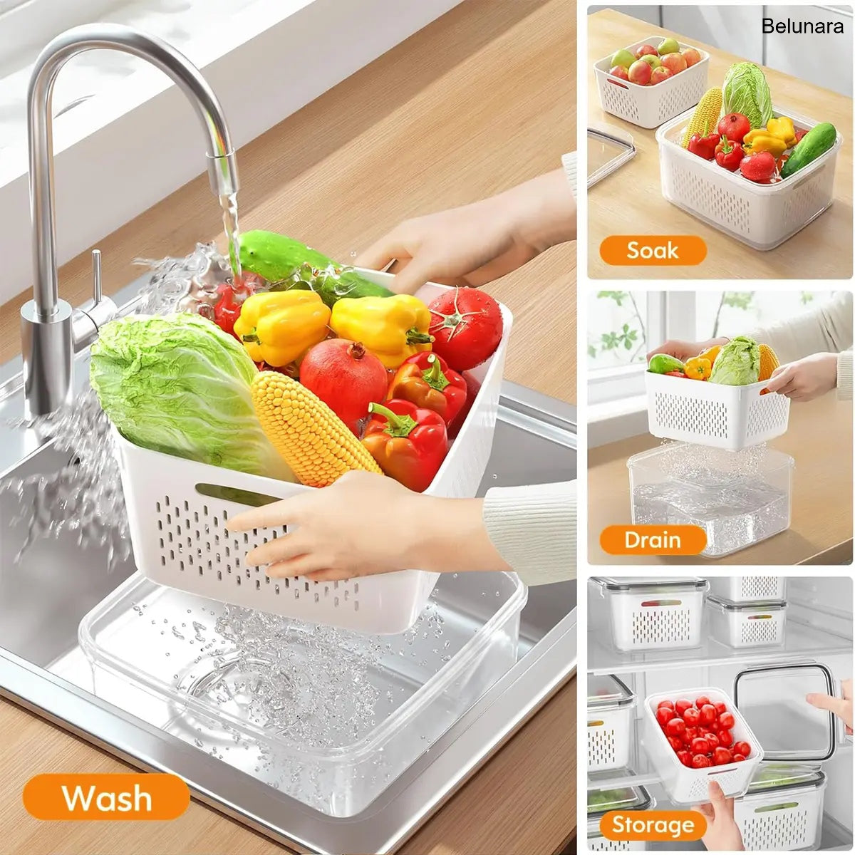5-Pack Stackable Fridge Organizers with Colander, BPA-Free Food Storage