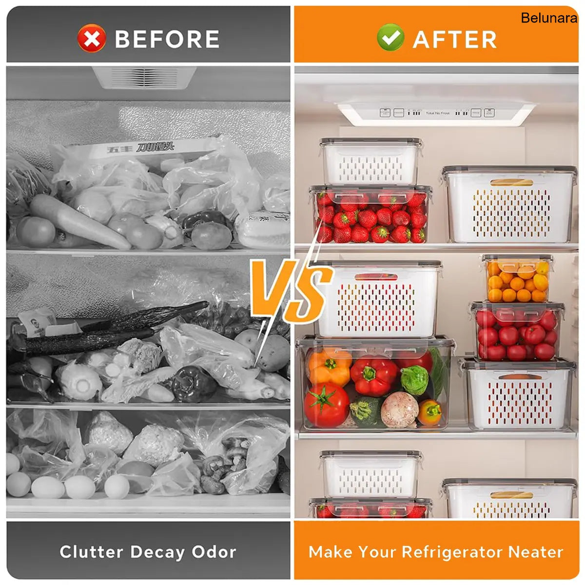 5-Pack Stackable Fridge Organizers with Colander, BPA-Free Food Storage